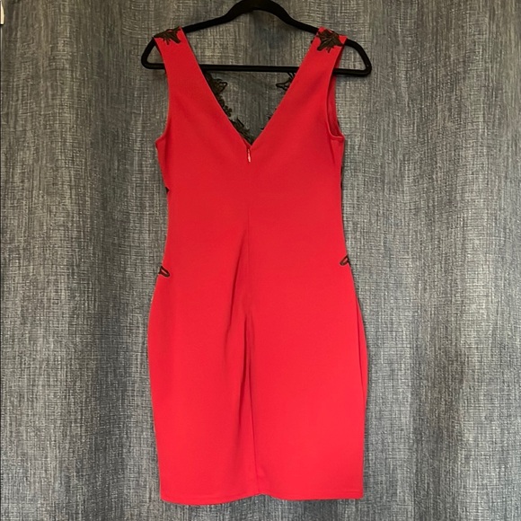 Womens 10 Lipsy Deep Red Dress with Black Lace Overlay Double V Neck - Picture 2 of 12